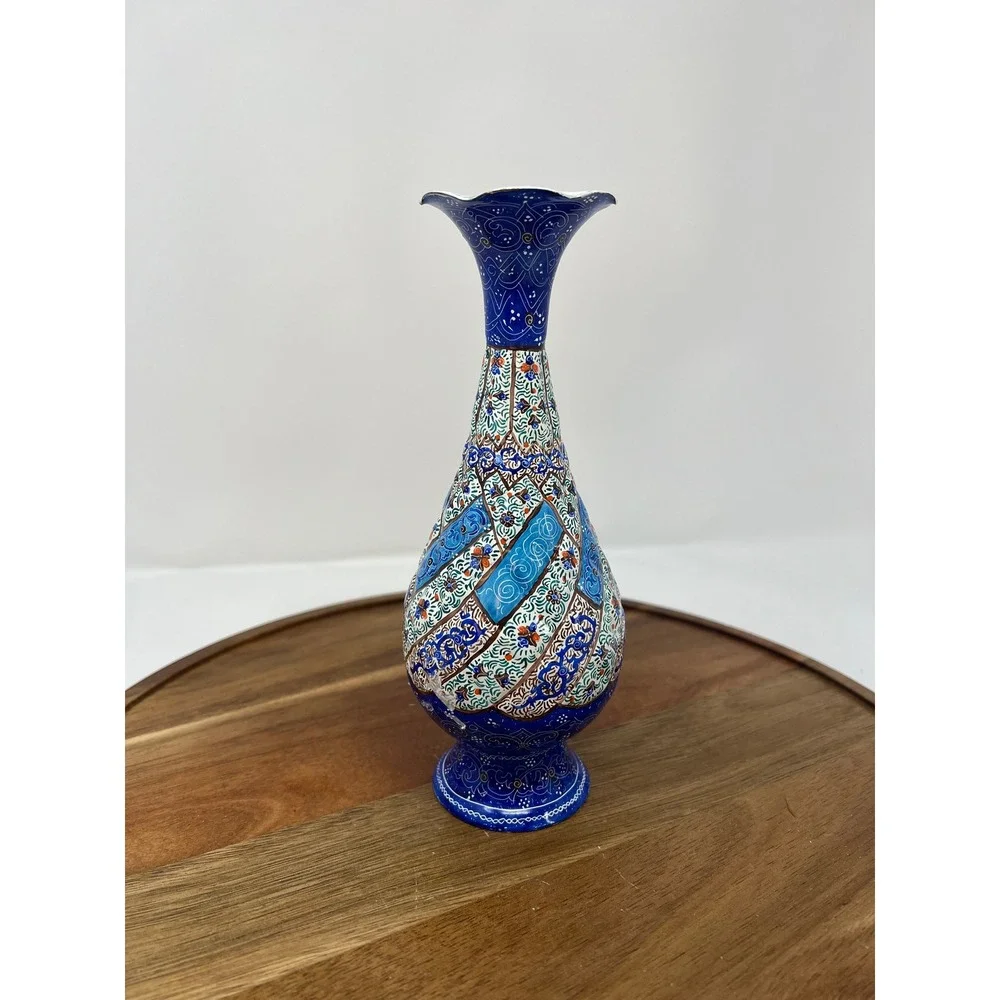 Hand Painted Enamel Vase Blue Floral‎ Pattern Decorative Tabletop Accent